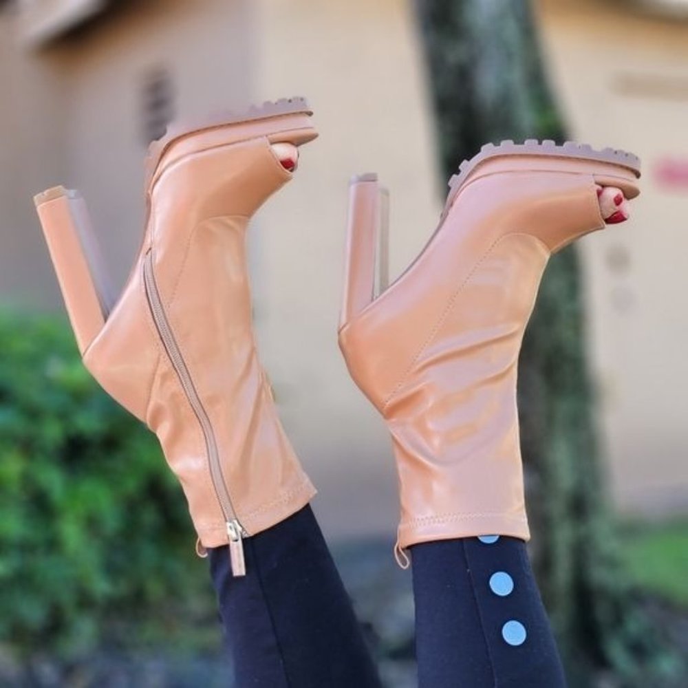 Women's Nude Chunky Heel Peep Open Toe Ankle Bootie - Picture 3 of 7